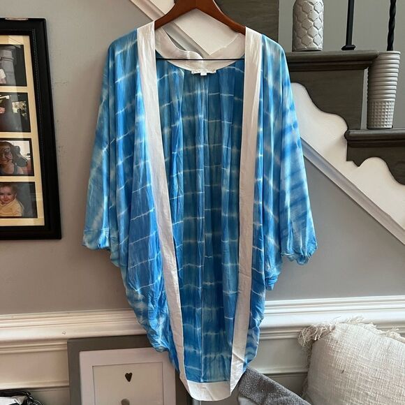 Weekend by Suzanne Betro Blue Tie Dye Rayon Circle Open Kimono sz L - Picture 1 of 5